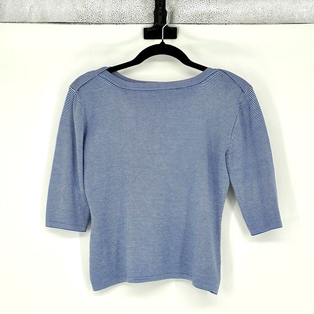 Vtg Blue & White Striped Silk Blend Cropped Fitted Sweater - Size L - Coastal